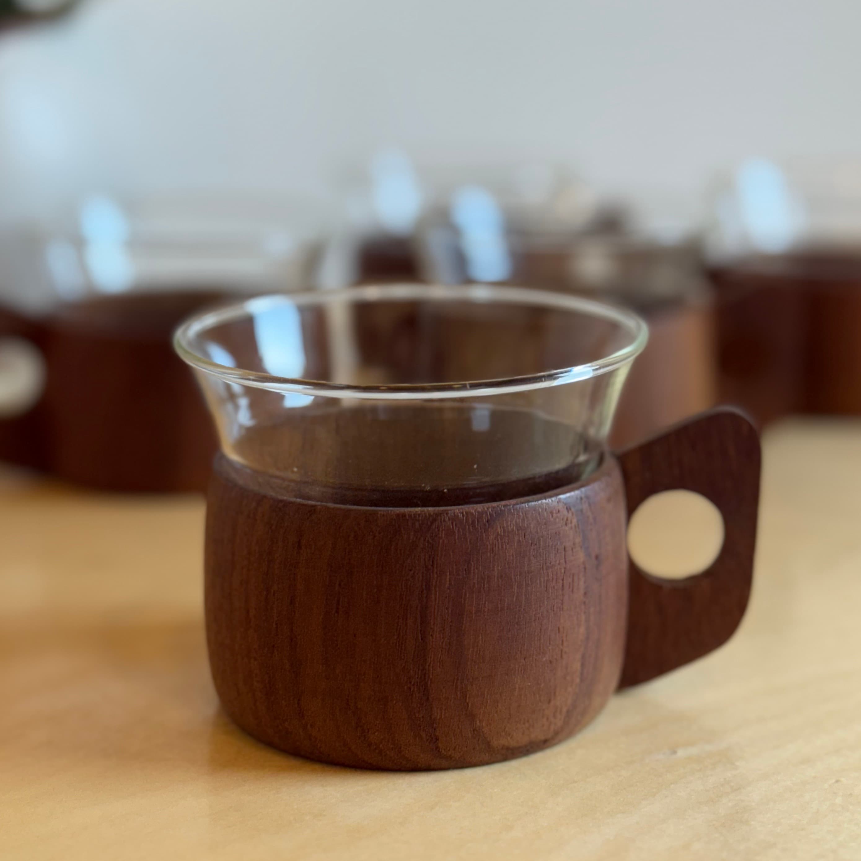 Mid century Scandinavian tableware - Borosilicate Glass Cup & Saucer with Teak Holders - Schott Mainz, 1960s