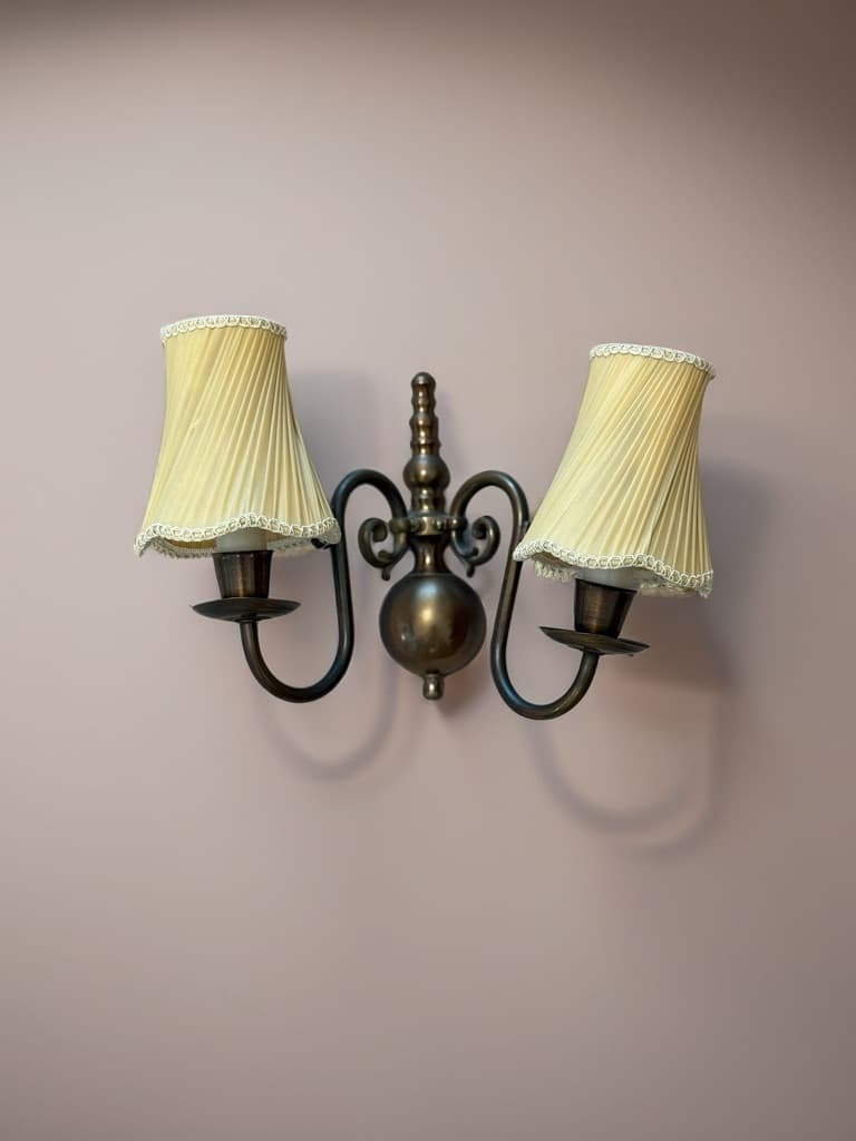 Mid century Danish lighting - Vintage Brass Wall Sconce with Silk Lampshades
